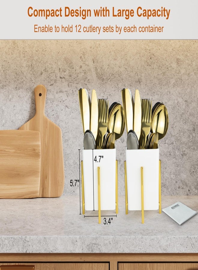 ECOIOU Silverware Caddy with Drain Holes, Cutlery Holder for Party Countertop, kitchen counter, Melamine Bins Set Kitchen Utensil Holder for Spoons, Forks and Knives, White, Pack of 2 - Image 4